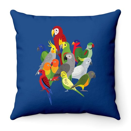 Parrot Flock - Macaw, Cockatoo, African Grey, & Budgie Throw Pillow