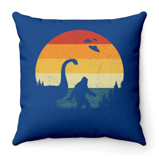 Retro Bigfoot Ufo Abduction 80s Sasquatch Loch Ness Monster Throw Pillow