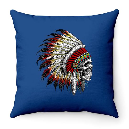Native American Indian Chief Skull Motorcycle Headdress Throw Pillow