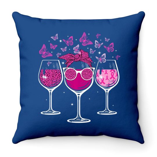 Wine Glass Butterfly Breast Cancer Awareness Pink Ribbon Throw Pillow