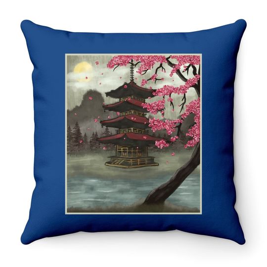 Cherry Blossom Vintage Japanese Temple Sakura Woodblock Art Throw Pillow