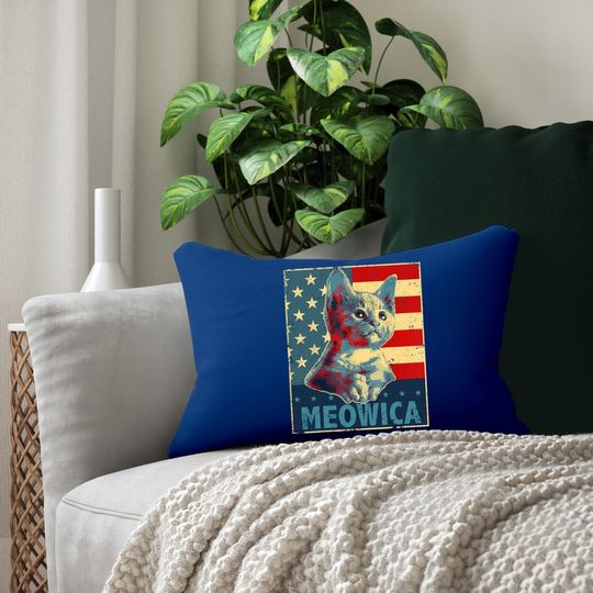 Meowica Cat Patriotic American Flag Lumbar Pillow
