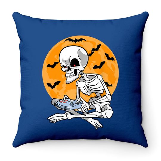 Gaming Skeleton Gamer Controller Halloween Throw Pillow