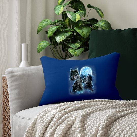 Three Wolves Howling Under Icy Full Moon Lumbar Pillow