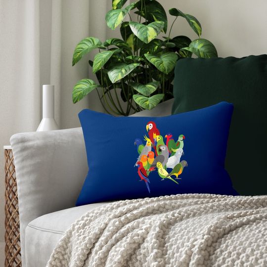 Parrot Flock - Macaw, Cockatoo, African Grey, & Budgie Lumbar Pillow