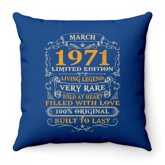 50th Birthday Gift 50 Years Old Retro Vintage March 1971 Throw Pillow