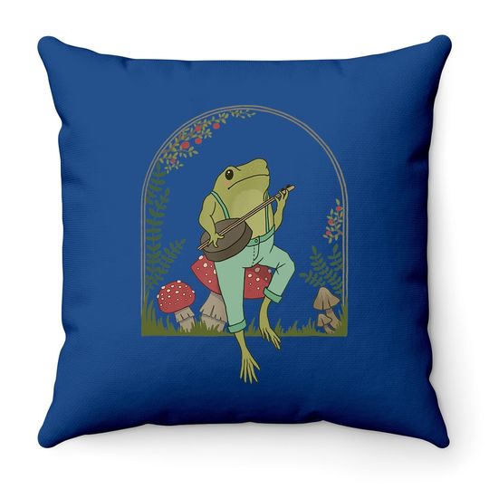 Cottagecore Aesthetic Frog Playing Banjo On Mushroom Throw Pillow