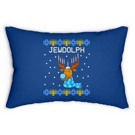 Jewdolph Ugly Hanukkah Sweater Reindeer Menorah Chanukah Lumbar Pillow