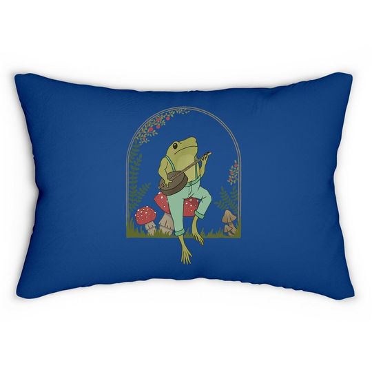 Cottagecore Aesthetic Frog Playing Banjo On Mushroom Lumbar Pillow