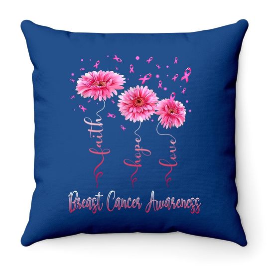 Faith Hope Love Pink Daisy Flower Breast Cancer Awareness Throw Pillow