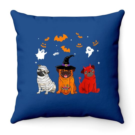 Halloween Pug Dogs Lovers Mummy Witch Demon Costumes Throw Pillow