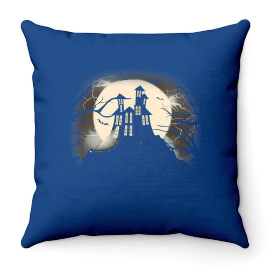 Vintage Haunted House Halloween Throw Pillow - Moon And Graveyard Throw Pillow