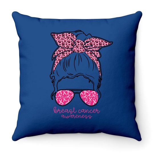 Breast Cancer Awareness Messy Bun Leopard Print Pink Ribbon Throw Pillow
