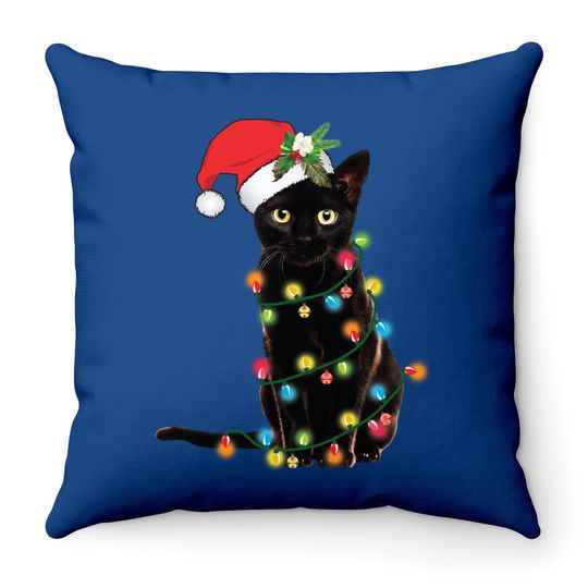 Santa Black Cat Tangled Up In Christmas Tree Lights Holiday Throw Pillow