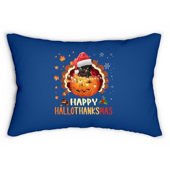 Black Cat Happy Hallothanksmas Halloween Thanksgiving Xmas Lumbar Pillow