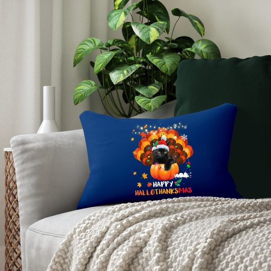 Happy Hallothanksmas Pumpkin Turkey Black Cat Lovers Gifts Lumbar Pillow