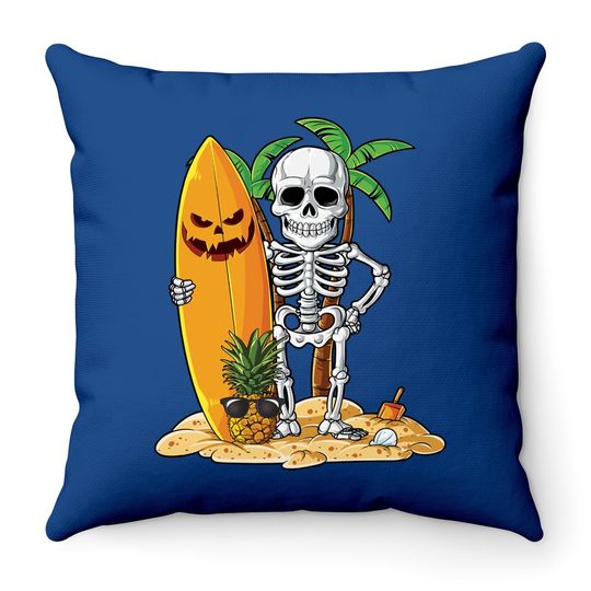 Skeleton Surfing Halloween Hawaii Surfer Throw Pillow