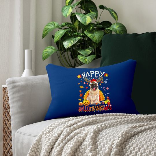 Pug Dog Happy Hallothanksmas Halloween Thanksgiving Lumbar Pillow