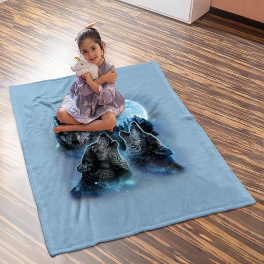 Three Wolves Howling Under Icy Full Moon Baby Blanket