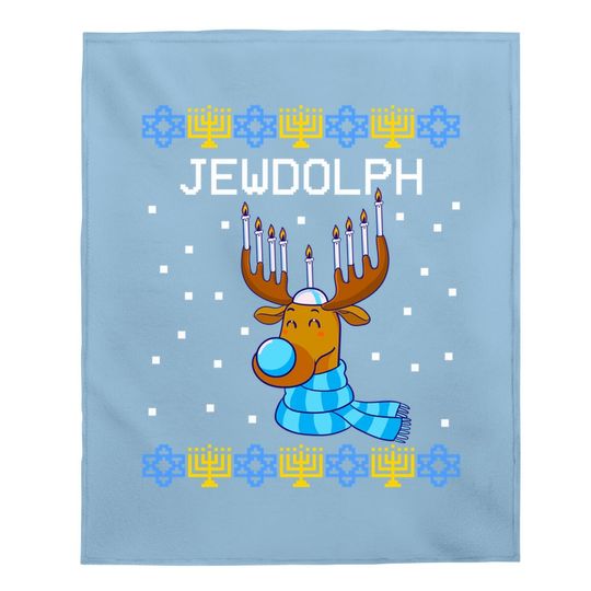 Jewdolph Ugly Hanukkah Sweater Reindeer Menorah Chanukah Baby Blanket