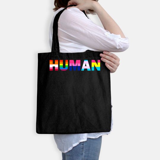 Womens Human Rainbow Flag LGBT Gay Pride Month Transgender Ally O Neck Tote Bag