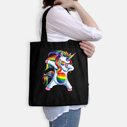 Dabbing Unicorn Gay Pride LGBT Tote Bag Lesbian Rainbow Flag Tote Bag