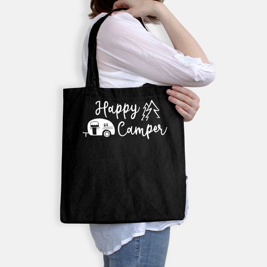 Hiking Camping Tote Bag for Women Funny Graphic Tees Tote Bag Happy Camper Letter Print Casual Tee Tops