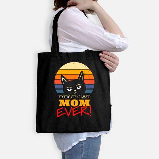 Best Cat Mom Ever Black Cat Quote Retro Sunrise Tote Bag