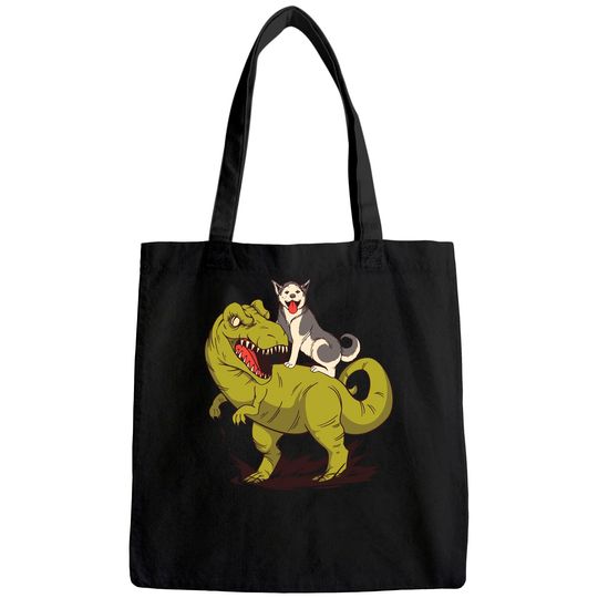 Siberian Husky Dog Riding Dinosaur Tote Bag