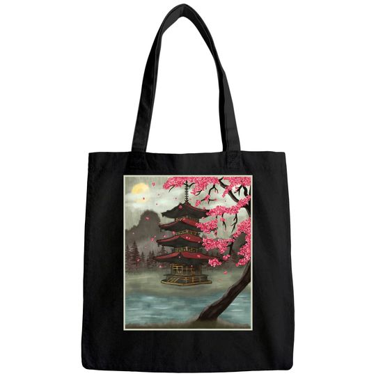 Cherry Blossom Vintage Japanese Temple Sakura Woodblock Art Tote Bag