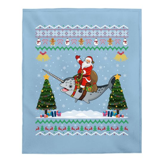 Narwhal Ugly Xmas Gift Santa Riding Narwhal Christmas Baby Blanket