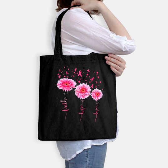 Faith Hope Love Pink Daisy Flower Breast Cancer Awareness Tote Bag