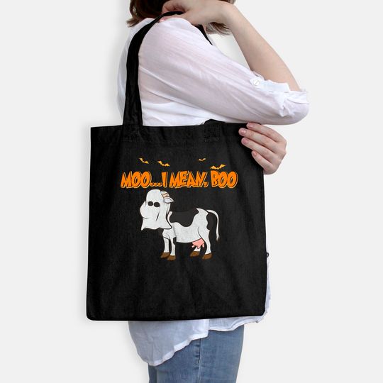 Ghost Cow Moo I Mean Boo Pumpkin Moon Halloween Tote Bag