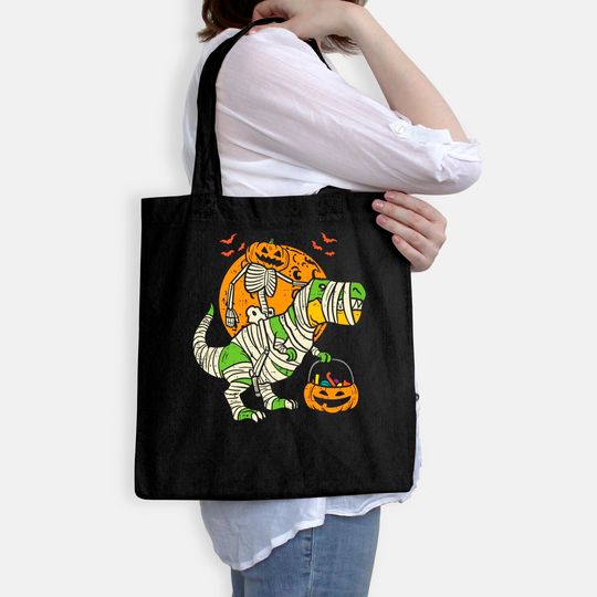 Kids Pumpkin Skeleton On Trex Funny Halloween Dinosaur Tote Bag