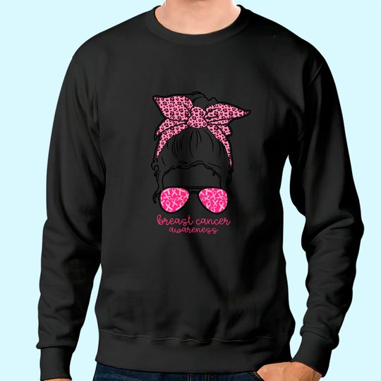 Breast Cancer Awareness Messy Bun Leopard Print Pink Ribbon Sweatshirt