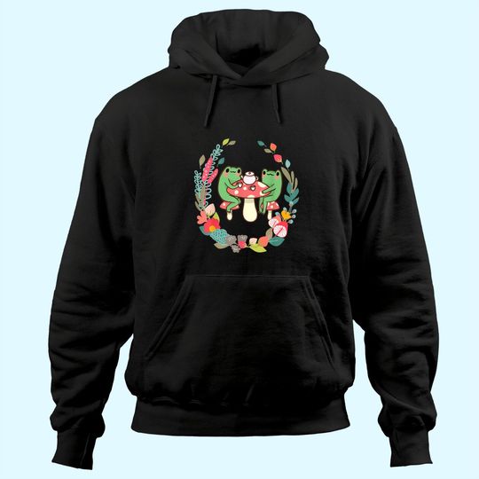Drinking Tea Mushroom Cottagecore Aesthetic Frog Hoodie