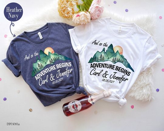 Personalized Wedding Camping Adventure Begins Couple Mountains Matching Wedding Gifts For Bride and Groom Custom T-Shirt