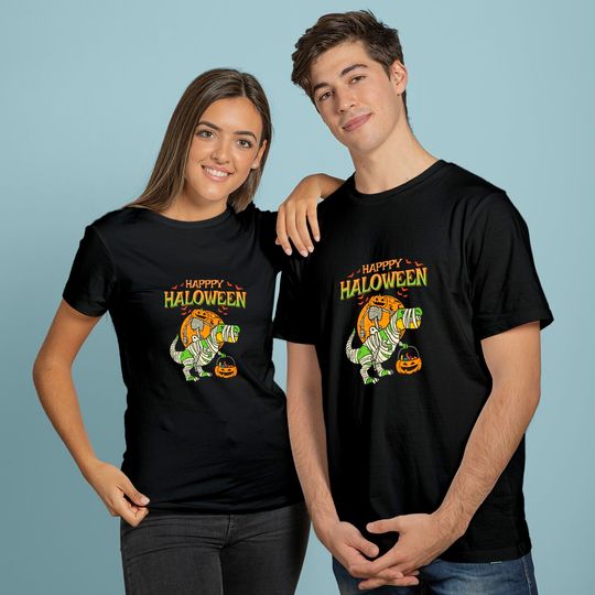 Happy Halloween Kids Pumpkin Skeleton On Trex Funny Halloween Dinosaur T-Shirt