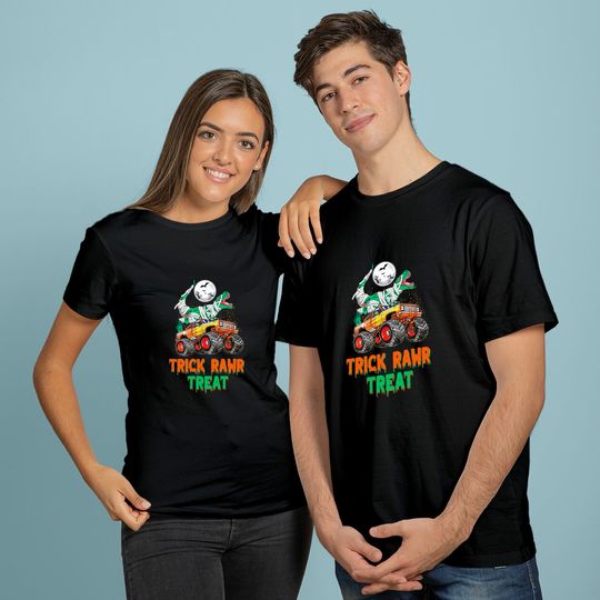 Discover Trick Rawr Treat Kids Halloween Boys Kids Dinosaur T rex Riding Monster Truck T-Shirt