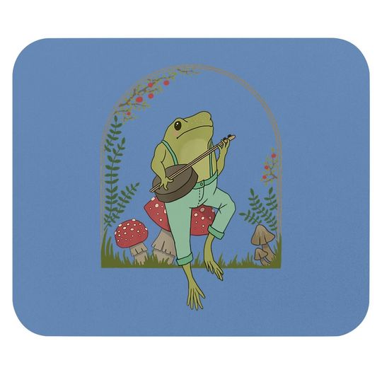 Cottagecore Aesthetic Frog Playing Banjo On Mushroom Mouse Pad