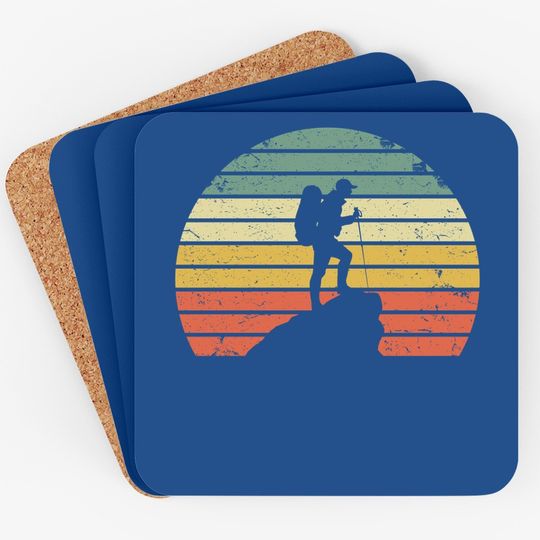 Vintage Hiking Coaster Hiker On Rock Retro Sunset Silhouette Coaster