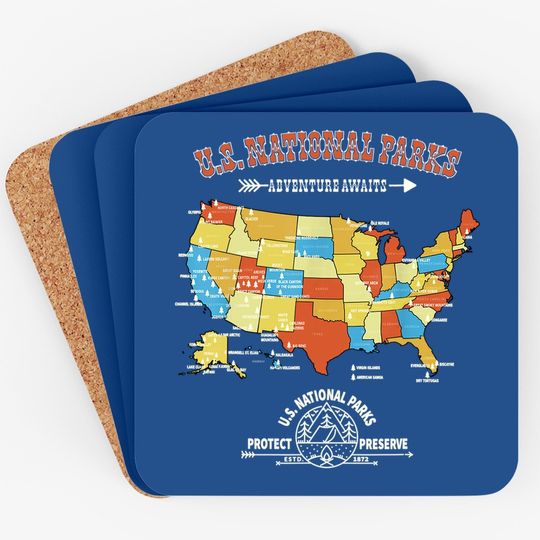 63 National Parks Map - Vintage American Hiking Camping Gift Coaster