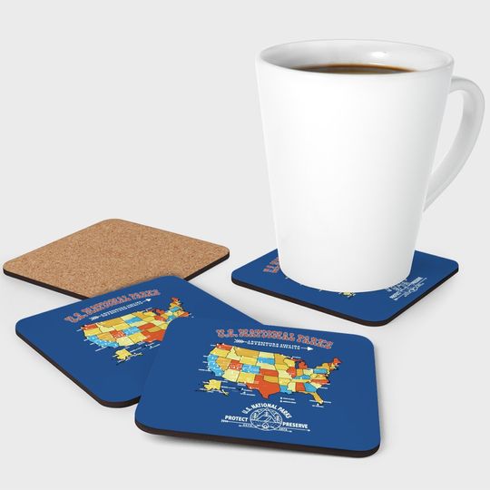 63 National Parks Map - Vintage American Hiking Camping Gift Coaster