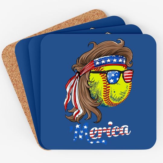 Softball Mullet American Flag Merica Fathers Day Coaster