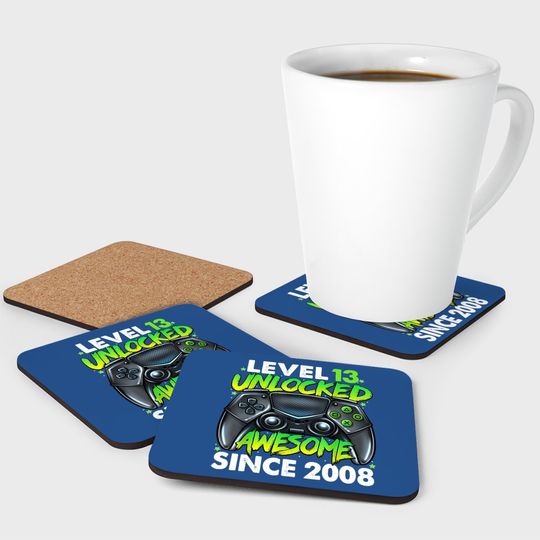 Level 13 Unlocked Awesome Since 2008 13th Birthday Gaming Coaster