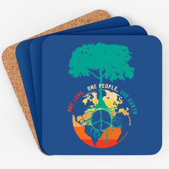 World Peace Tree Love People Earth Day 60s 70s Hippie Retro Coaster