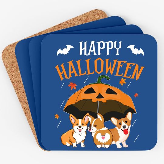 Halloween Corgi In Scary Umbrella Rain Night Pumpkin Coaster