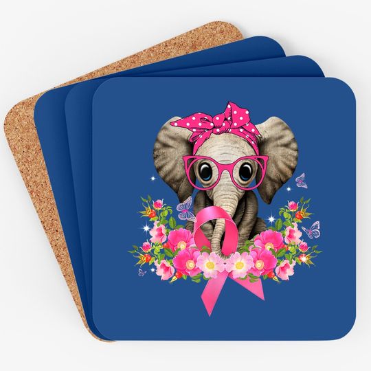 Breast Cancer Awareness Cute Elephant Flowers Pink Ribbon Coaster