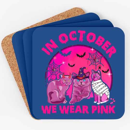 In October We Wear Pink Cat Pumpkin Breast Cancer Halloween Coaster
