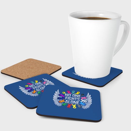 No One Fights Alone Multicolor Ribbon For Cancer Awareness Coaster